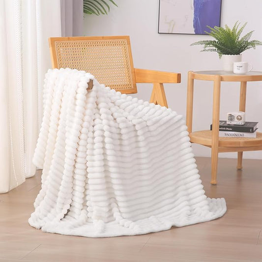 Cream White Fleece Throw Blanket 60”×80” for Couch Sofa Bed,Super Soft Cozy Plush Microfiber Flannel Blanket with Stripes Design Lightweight for Adults,Woman,Girls