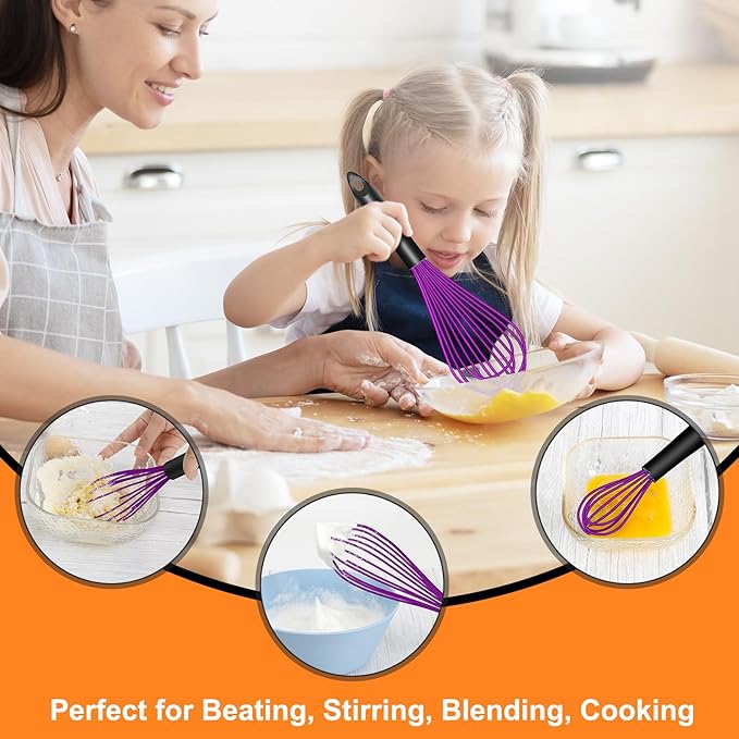 HOTEC 4 Pieces Silicone Whisks for Cooking, Wire Balloon Whisks Egg Beater, Non-Slip Handle Whisk for Non-Stick Cookware Perfect for Stirring, Beating and Blending, Stainless Steel, Purple