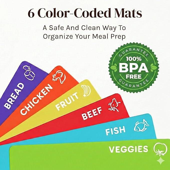 Cooler Kitchen Cutting Boards for Kitchen – Checkered Bamboo Cutting Board Set with 6 Color-Coded Flexible Chopping Mats, Easy Clean Wood and Dishwasher-Safe Plastic, Large 17×12, Knife-Friendly