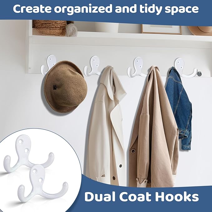 15Pack Coat Hooks Wall Hooks for Hanging, Heavy Duty Double Prong Metal Hook Wall Mounted for Living Room, Bathroom, Kitchen, Bedroom for Coat, Bag, Scarf, Towel, Hat, Key, Cup (White)