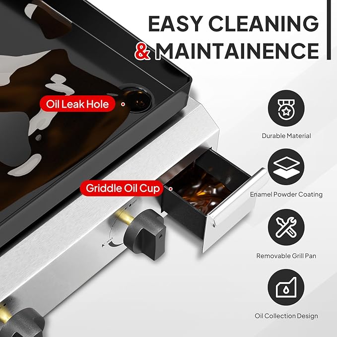 Bonnlo 40000BTU Propane Griddle with Lid and Ignition, Standing Flat Top Gas Grill with Storage Shelf and Portable Rolling Wheels, 4 Burner Camping Cooker for Patio Backyard Outdoor Cooking BBQ