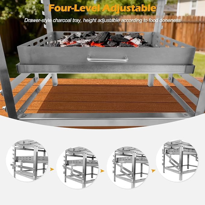 Ergocar Charcoal Grill Outdoor Multi-Function Portable Rotatable Adjustable Height 4-Tier Charcoal Tray Ideal For Outdoor Smoking, Picnics, Camping Barbecues