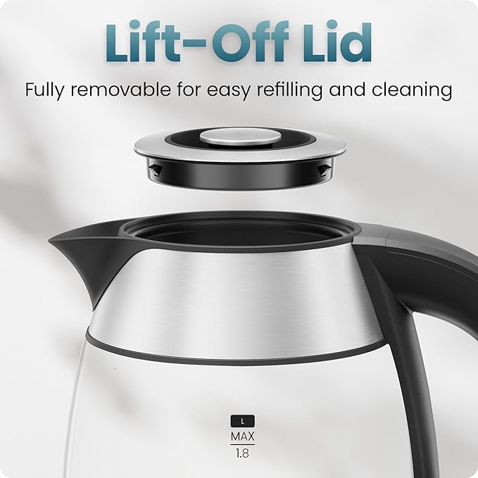 Chefman Electric Kettle 1500W, 1.8L Hot Water Boiler, Removable Lid for Easy Cleaning, LED Indicators, Auto Shutoff & Boil-Dry Protection, Borosilicate Glass Electric Tea Kettle – Stainless Steel