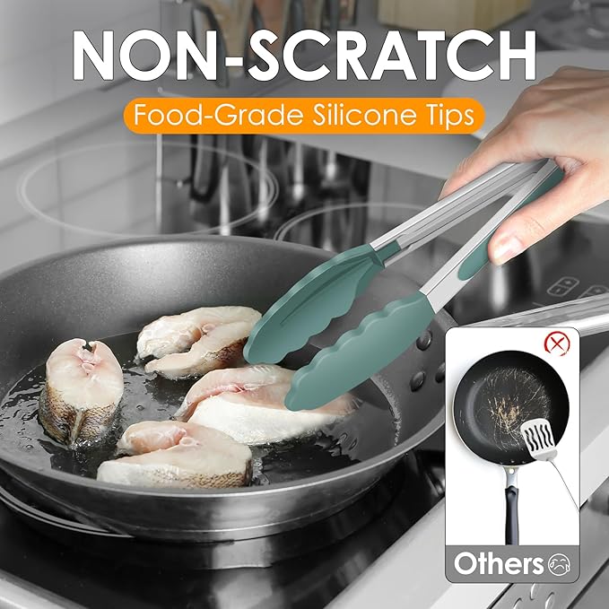 HOTEC Premium Stainless Steel Locking Kitchen Tongs with Silicon Tips, Set of 2-9" and 12",Sage Green