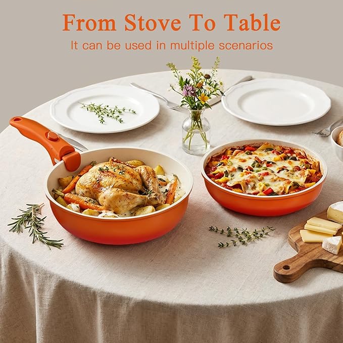 GIPP 11pcs Pots and Pans Set Non Stick, Nonstick Cookware Set Detachable Handle, Ceramic Pots for Cooking Non Stick with Removable Handle, RV Cookware Set for All Stoves, Orange Gradient