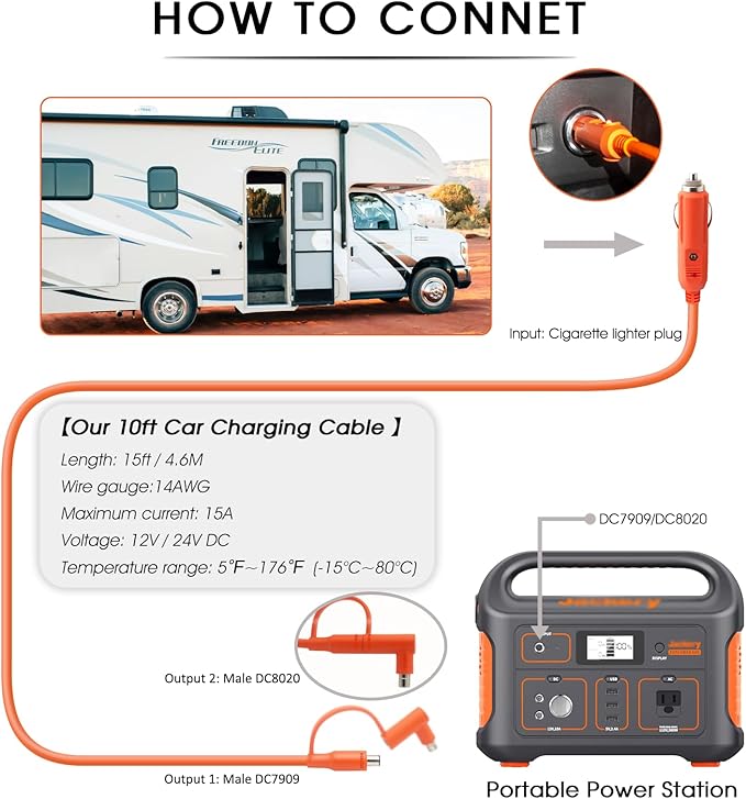 Car Charging Cable for Jackery Power Station Explorer 3000 2000 1500 1000 500 300 240-14AWG Heavy Duty 12V/24V Cigarette Lighter Charger with Adapters & Fuse, 15FT Orange Accessories