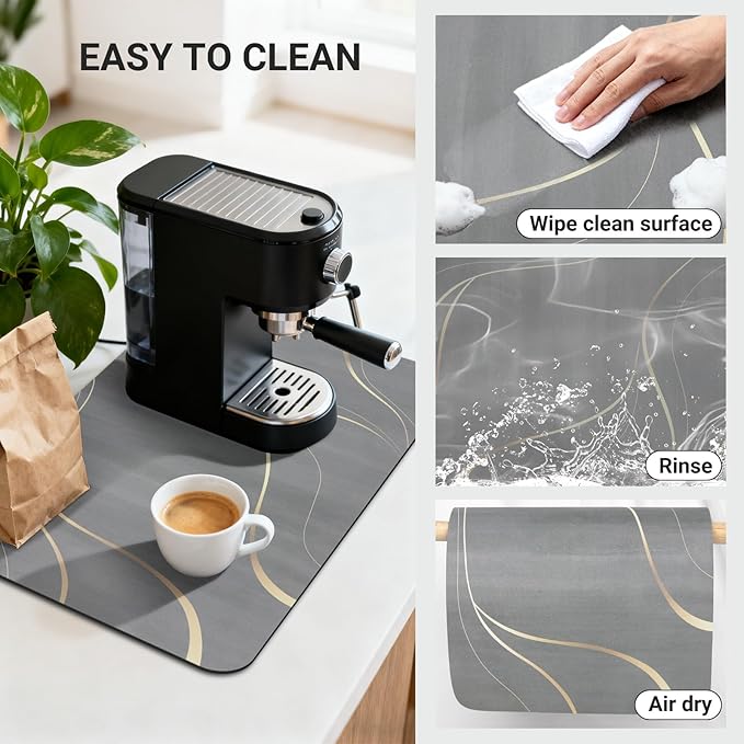 Coffee Mat 32x18 Inch, Irregular Gray Streamline Coffee Bar Mat, Absorbent Hide Stain Rubber Backed Dish Drying Mat for Kitchen Counter, Mat for Countertops, Under Coffee Machine Pot Espresso Staion
