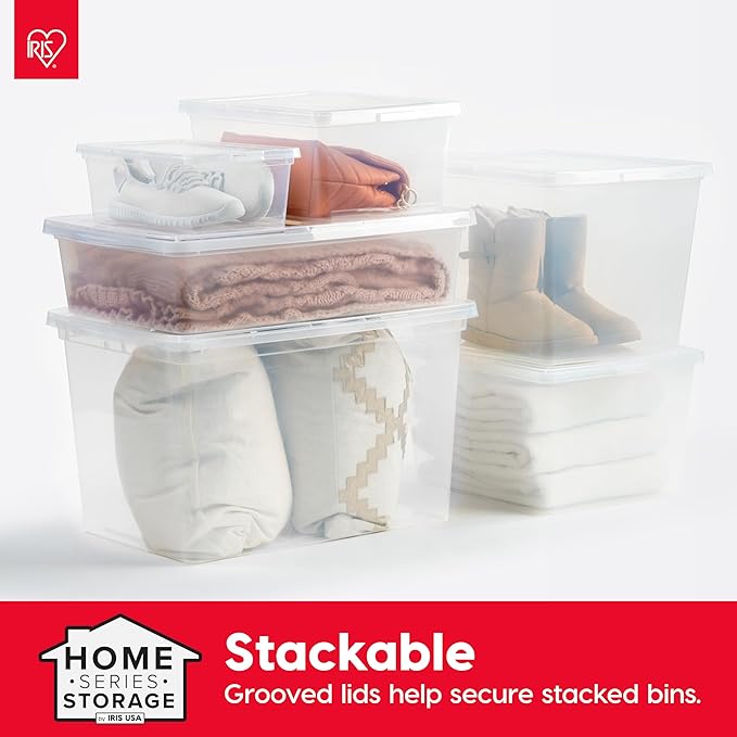 IRIS USA 6-Pack Storage Bins with Lids, 58 Quart, Clear Stackable Containers Box Organize Shoes Closet Shelves Clothes Blankets Towels - BPA-Free Plastic