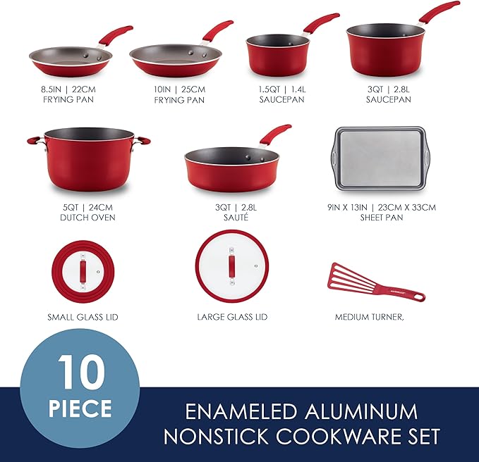 Rachael Ray Cook + Create Nonstick Cookware/Pots and Pan Set, 10 Piece, Red