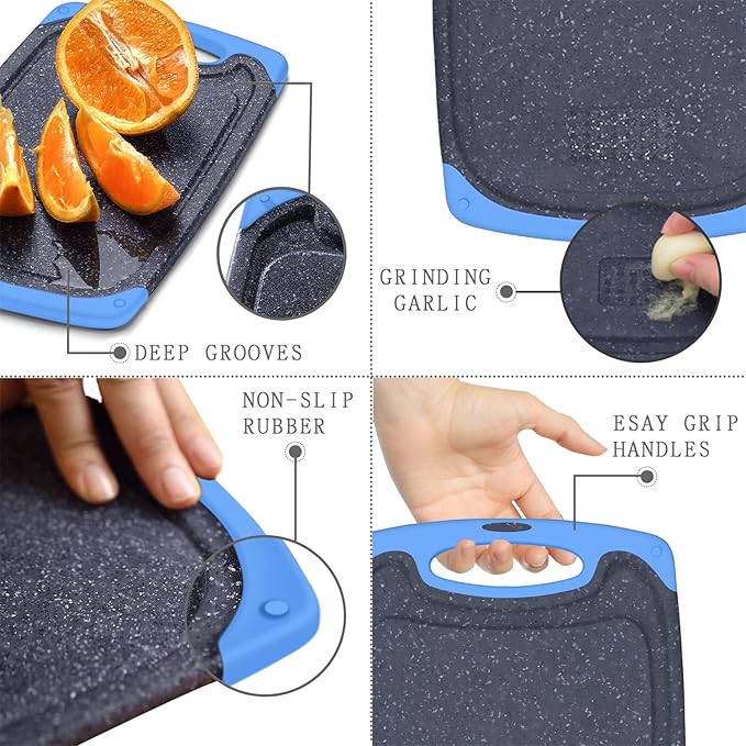 Viretang Non Slip Cutting Board, 3 Pieces Dishwasher Safe Cutting Boards with Juice Grooves, Easy Grip Handle, Non-Slip, with Grinding Area for Grinding Garlic and Ginger（blue）