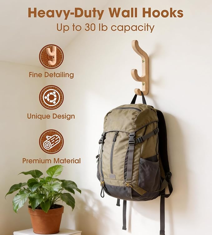 Wooden Wall Hook for Coat and Towel – 2 Pack Beech Wood Hooks for Heavy Bags, Towels, Hats & Clothes, WCH3B, Wall Mounted 3 Curved Hooks Design, Modern Home Decor, Patent Pending, Large