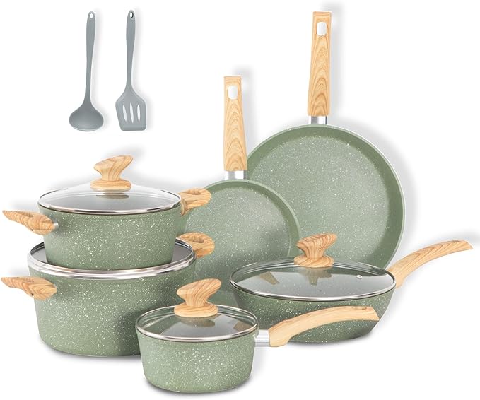DishDelight Green Induction Pots and Pans Set, 12 Piece Cooking Pot and Pan Set Nonstick, Granite Kitchen Cookware Set Non Toxic, PFOA&PFOS Free