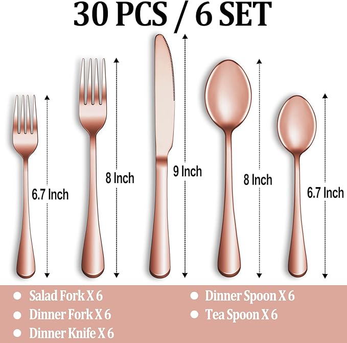 30 Pcs Rose Gold Silverware Set Service for 6, Premium Stainless Steel Flatware Set, Cutlery Utensil Set, Durable Home Kitchen Eating Tableware Set, Include Fork Knife Spoon Set, Dishwasher Safe