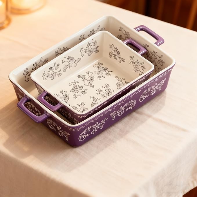 Domini Casserole Dishes for Oven, Ceramic Baking Dishes for Oven Set of 2, Lasagna Pan Deep, Baking Pan Set Square Casserole Dish Set with Handles for Baking, Pattern Purple(11.4+8.5inch)
