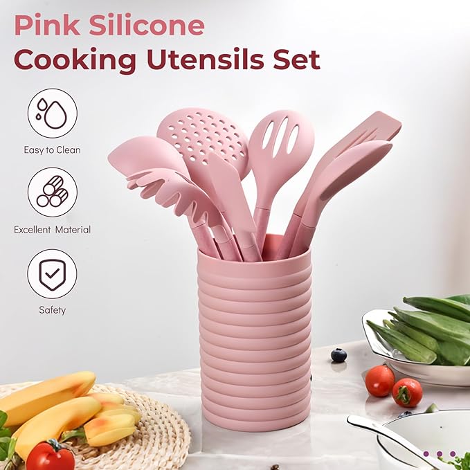 Silicone Kitchen Utensil Set,8 Pieces Cooking Kitchen Utensils Set, Spatula, Spoon, Non Stick Silicone Gadgets Utensil Set with Holder,Heat Resistant Cooking Tools Set for Cooking, BPA Free (Pink)