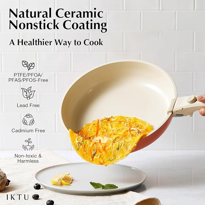 IKTU Ceramic Pots and Pans Set Non Stick Pink, 8 Pcs Nonstick Cookware Set with Detachable Handle RV Camping Induction Kitchen Cookware Set Non Stick, PFAS PFOA & PTFE Free