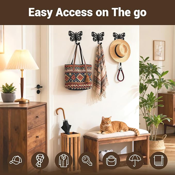 Butterfly Coat Hooks For Wall,Heavy Duty 20LB Black Coat Hooks & Towel Hooks,Metal Wall Mount Hangers for Bathroom,Living Room,Kitchen - for Hanging Coat,Hat,Key,Bag,Robe,Scarf,Dog Leash,6 Pack