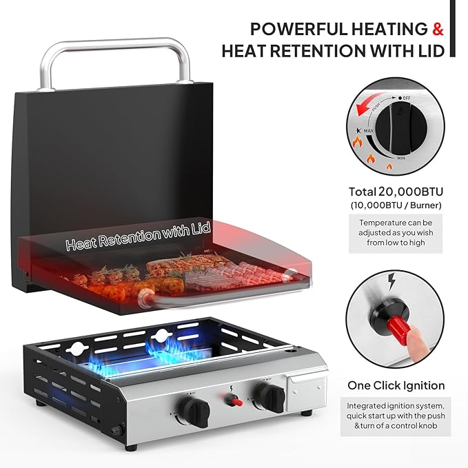 Bonnlo 20000BTU Propane Griddle with Lid and Ignition, Standing Flat Top Gas Grill with Portable Rolling Wheels and Storage Shelf, 2 Burner Camping Cooker for Patio Backyard Outdoor Cooking BBQ