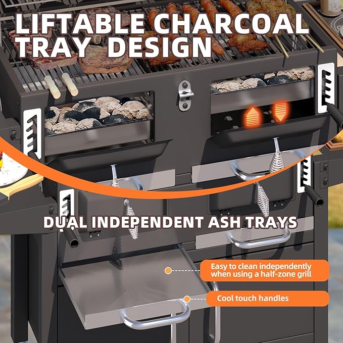 MELLCOM 36 In Large Charcoal Grills - 620 Sq.In Oversized BBQ Area with Storage Cabinet & Individual Lifting Charcoal Trays, Foldable Side Tables and Thermometer for Outdoor, Patio, Balcony