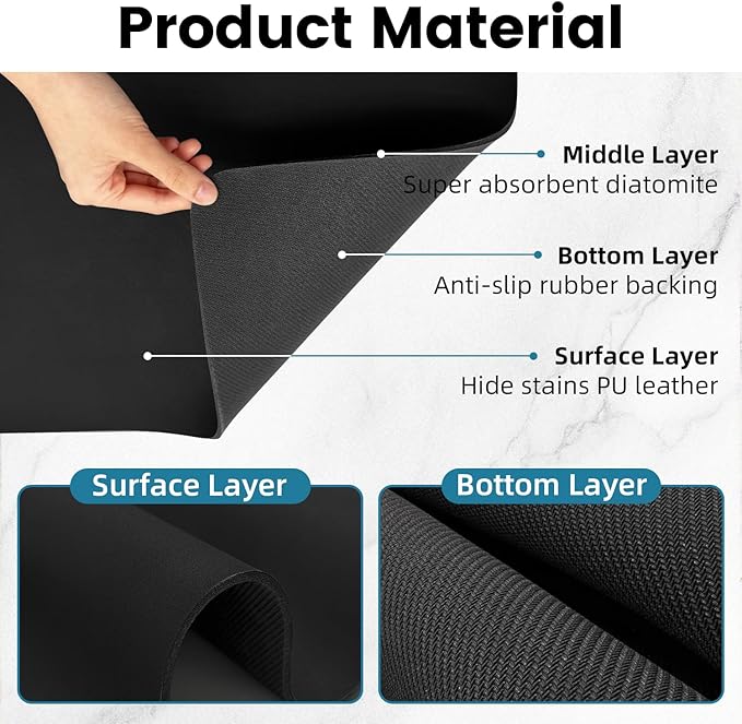 PoYang 31.5"x17" Coffee Mat X-Large, Coffee Bar Accessories for Countertop, Absorbent Dish Drying Mat, Anti-Slip and Hide Stain Pad for Espresso Machine, Espresso Maker and Kitchen Counter, Black