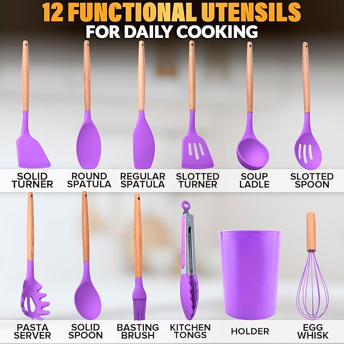 12 Pcs Purple Kitchen Utensils Set with Holder for Nonstick Cookware - Silicone Cooking Utensils Set, Kitchen Tools for Daily Cooking - Wooden Handle Cooking Tools for Baking Serving and Mixing Tasks