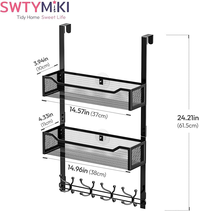 SWTYMIKI Over The Door Hooks Organizer - Multi-Functional Door Hanger with 16 Hooks & 2 Mesh Baskets, Long Coat Rack for Bathroom, Bedroom, Living Room, Home Storage Organizer, Black