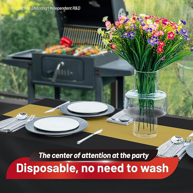 Plastic Table Cloth, 110 Ft X 54 In Disposable Tablecloth Black and Gold Tablecloth Premium PEVA Plastic Table Cloth Disposable with Any Cut Sliding Cutters for Picnics, Parties, Birthdays, Festivals