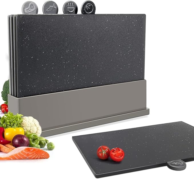 Masthome Index Chopping Board Set, 4-Pieces Plastic Cutting Boards with Food Icons and Storage Stand, BPA Free, Dishwasher Safe, Professional Chopping Board Set for Kitchen