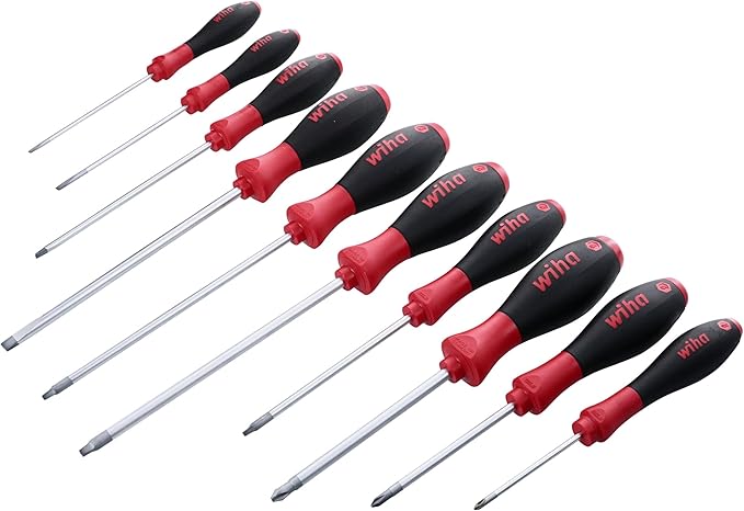 Wiha 30290 SoftFinish Grip ScrewDriver Set, Slotted 3.0-6.5, Phillips Number 0 -2 and Square Number 1-3, 10-Piece Set