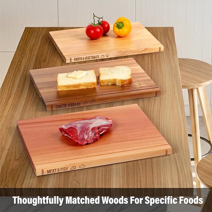 Book Cutting Board Set of 3 with Stand-The Cutting Board Library, Solid Wood Book-Shaped Boards for Serving & Display, Labeled Meat & Fish, Bread & Cheese, Fruits&Vegetables-Decorative Cutting Boards.