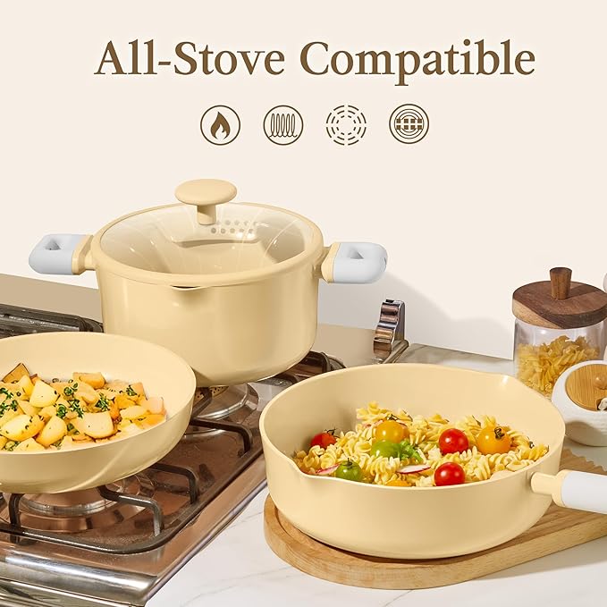 CAROTE Pots and Pans Set Nonstick, Ceramic Cookware Set, Yellow Cooking Set Kitchen Induction Set with Steamer, PFAS PTFE Free,9 Piece