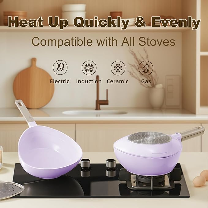 Multi-Purpose 3-in-1 Ceramic Saucepan with Skillet Lid & Steamer, 3QT Nonstick Sauce Pan Features Dual Strainers, Space-Saving Nesting, All Stove & Dishwasher Safe