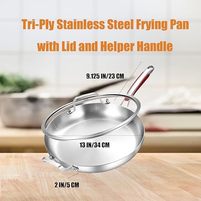Inqibee 13-Inch Tri-Ply Stainless Steel Frying Pan with Lid and Helper Handle,Skillet,Induction Cooking Pan,Heavy Duty and Detachable Handle.
