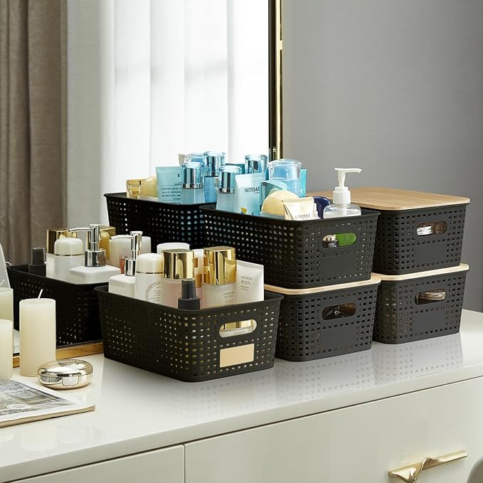 Bagnizer Small Plastic Storage Bins with Bamboo Lids 5.2qt Stackable Box Basket Pantry Decorative Containers Cute with Labels for Organizing Desktop Closet Office Black of 6 packs 10 * 7.2 * 4.1"