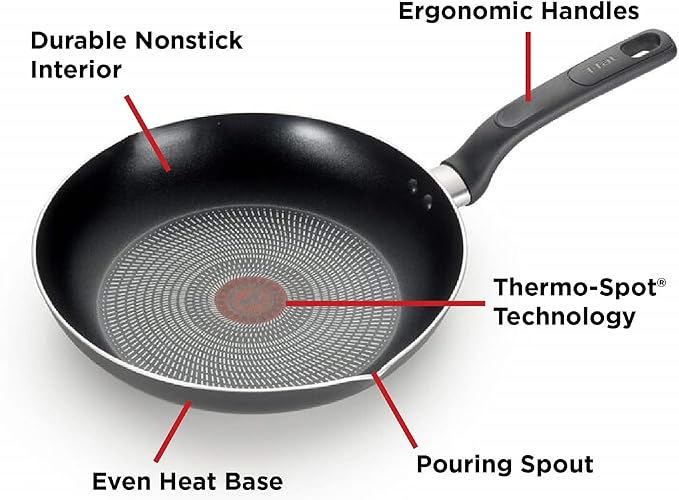 T-fal Initiatives Nonstick Cookware Set 18 Piece, Oven Broiler Safe 350F, Kitchen Cooking Set w/Fry Pans, Saucepans, Stockpots, Skillet, Spoons, Lids Pots and Pans Set Non Stick Dishwasher Safe Black