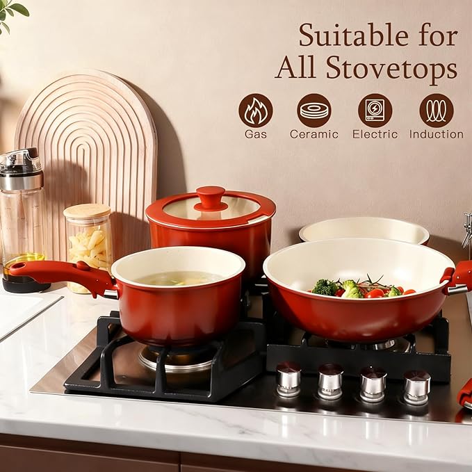 GIPP 11PCS Ceramic Pots and Pans Set Non Stick, Nonstick Cookware Set Detachable Handle, Red Black Gradien Pots and Pans Induction Kitchen Cooking Sets, RV Cookware Sets for All Stoves