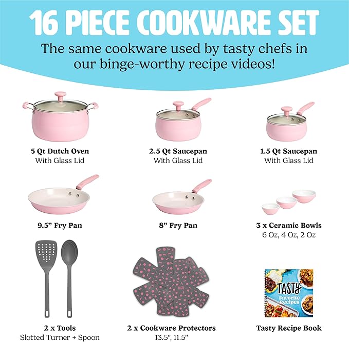 Tasty Clean Ceramic Non-Stick Aluminum Cookware Set, Tempered Glass Lid, Dishwasher Safe, 16-Piece, Pink