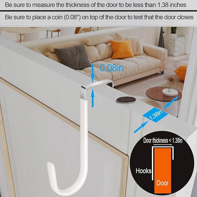 6 Pack Over The Door Hooks, Door Hangers Hooks, Soft Rubber Surface Prevents Scratches, White Door Hooks for Bathroom, Living Room, Kitchen Hanging Clothes, Towels, Shoe Bag, Hats