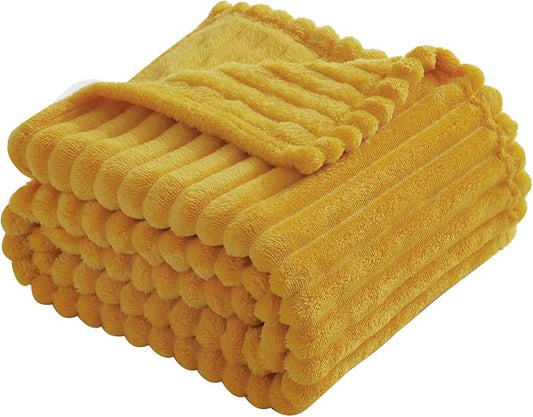 Mustard Yellow Fleece Throw Blanket 50”×60” for Couch Sofa Bed,Super Soft Cozy Plush Microfiber Flannel Blanket with Stripes Design Lightweight for Adults,Woman,Girls