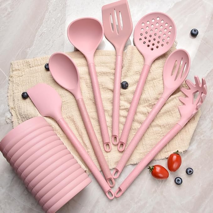 Silicone Kitchen Utensil Set,8 Pieces Cooking Kitchen Utensils Set, Spatula, Spoon, Non Stick Silicone Gadgets Utensil Set with Holder,Heat Resistant Cooking Tools Set for Cooking, BPA Free (Pink)