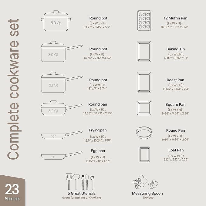 Pots and Pans Set, 23-Piece Non Stick Cookware & Bakeware Sets with Plaid Pattern, Stackable Design, Dishwasher Safe, Stain-resistant, Oven & All-Stove Safe, Tempered Glass Lid, Black