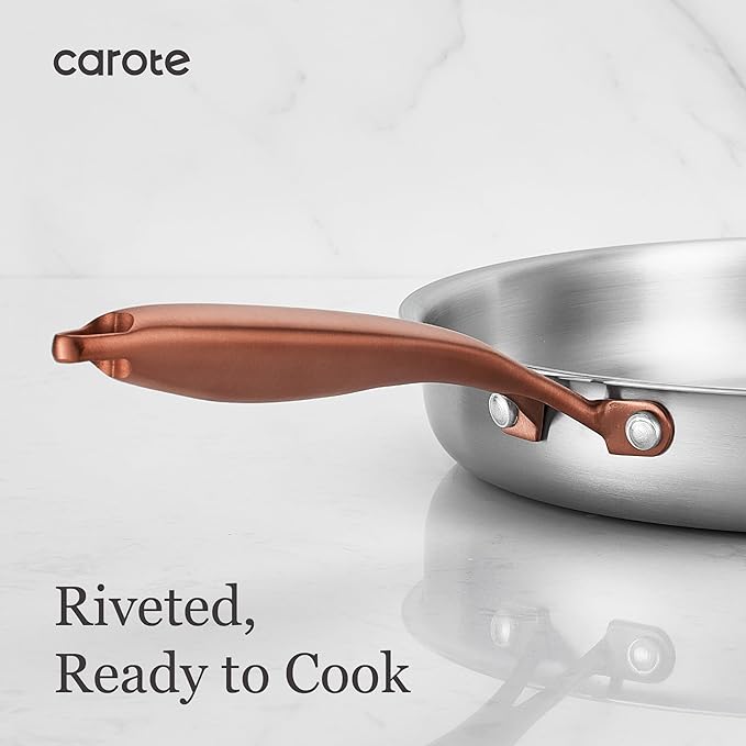 CAROTE 3-Piece Tri-Ply Stainless Steel Frying Pan Set, Skillet Set 8"/10"/12", Induction Compatible, Oven & Dishwasher Safe, Gold Handle