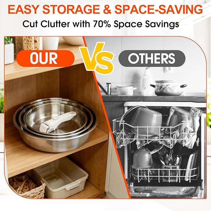 Stainless Steel Pan With Detachable Handle - 11''/9.5''/8'' 304 Stainless Steel Pots and Pans set, Induction Compatible, Dishwasher Safe, Fast & Even Heating, Thickened & Long-Lasting