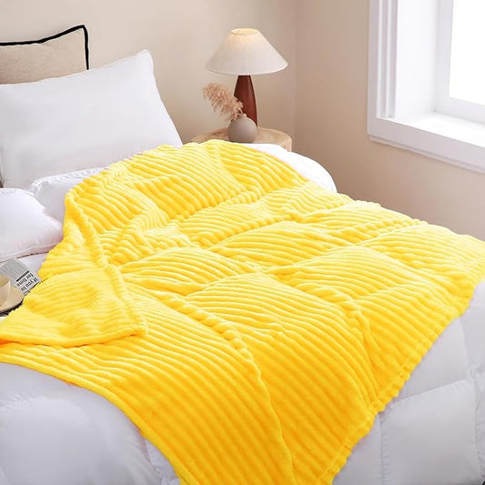 Bright Yellow Fleece Throw Blanket 90”×90” for Couch Sofa Bed,Super Soft Cozy Plush Microfiber Flannel Blanket with Stripes Design Lightweight for Adults,Woman,Girls