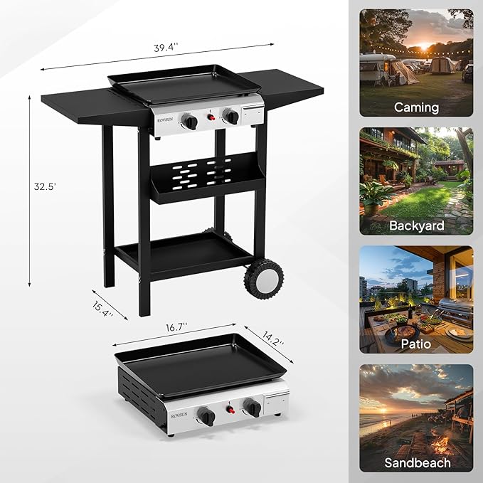 ROVSUN 2 Burner Portable Propane Griddle with Electronic Ignition, 20000 BTU Rolling Flat Top Gas Grill with Nonstick Enameled Tray, Side Shelves & Regulator for Outdoor Cooking Camping BBQ Tailgating