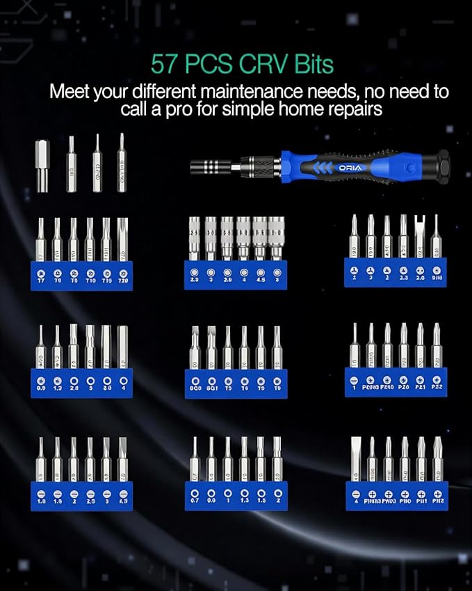 ORIA Precision Screwdriver Set, 61 in 1 Small Screwdriver Set with 57 Precision Bits, Portable Repair Tool Kit, Magnetic Screw Driver Kit with Extension Rod for Smartphone, PC, Watch,Toys, Blue