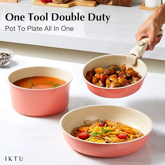 IKTU Ceramic Pots and Pans Set Non Stick Pink, 8 Pcs Nonstick Cookware Set with Detachable Handle RV Camping Induction Kitchen Cookware Set Non Stick, PFAS PFOA & PTFE Free