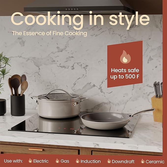 Bakken 12-Piece Aluminum Cookware Set with Ceramic Nonstick Coating, PTFE & PFAS Free, All Stovetop Safe Up To 500°F, Pots and Pans Set with Lids, Silicone Utensils Included, Dishwasher Safe, Cream