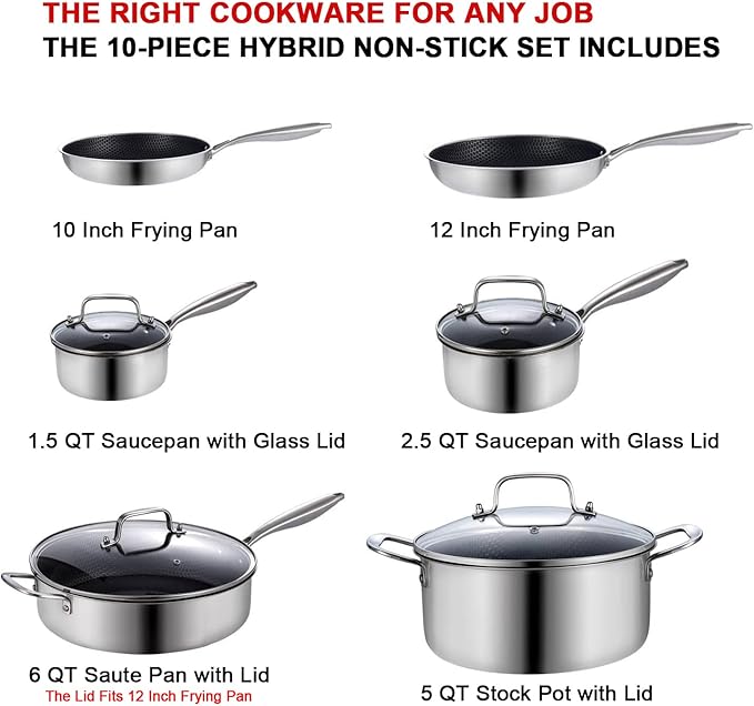 LOLYKITCH Frying Pan Set Nonstick, 10 Pieces Stainless Steel Cookware Set Skillet with Detachable Handle, Induction & Oven Safe, Professional Non-Toxic PFOA Free Pans for Everyday Cooking