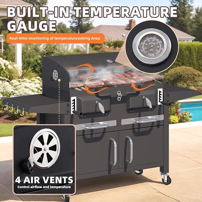 MELLCOM 36 In Large Charcoal Grills - 620 Sq.In Oversized BBQ Area with Storage Cabinet & Individual Lifting Charcoal Trays, Foldable Side Tables and Thermometer for Outdoor, Patio, Balcony